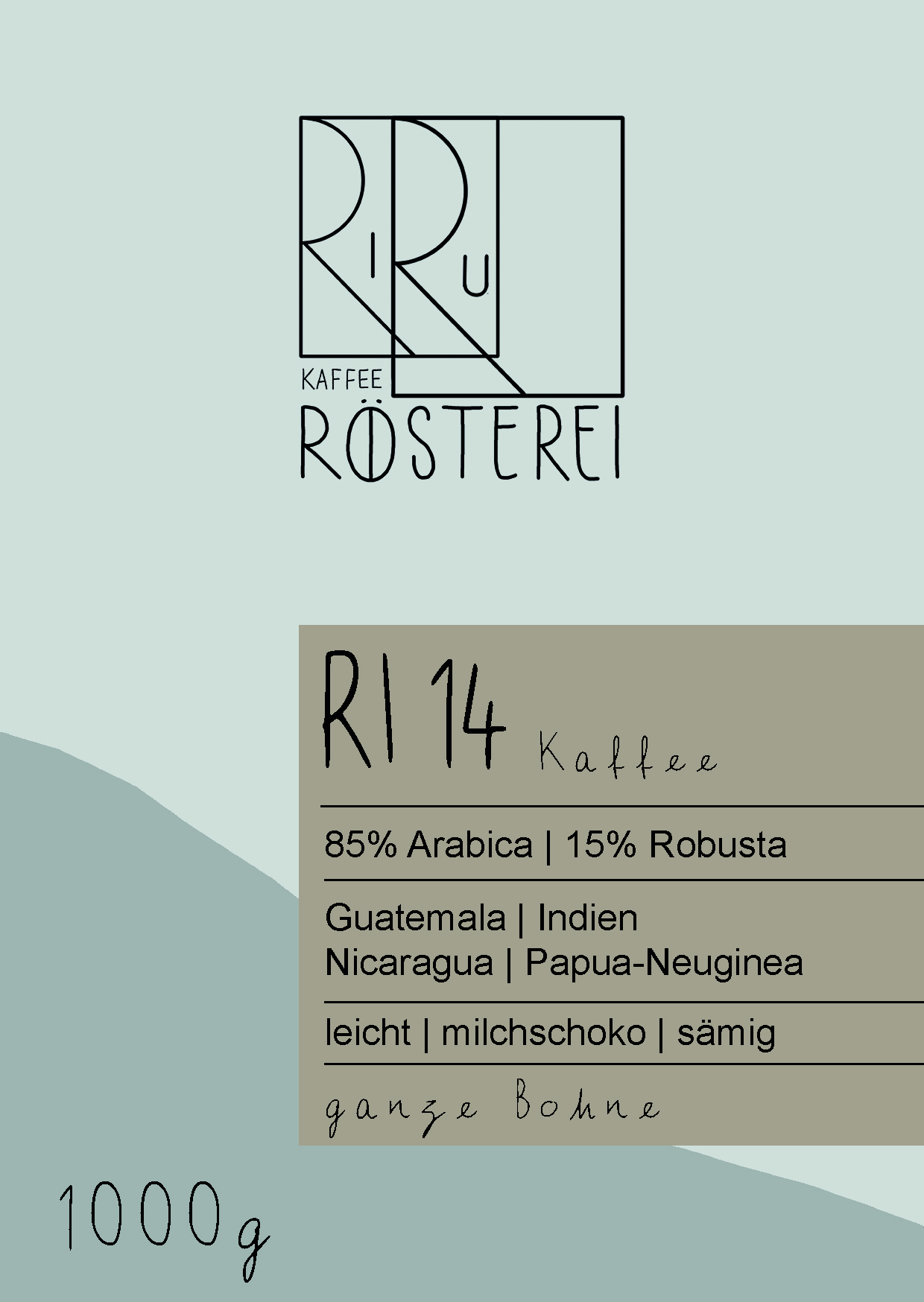 RI14_1000g_Vorderseite_ganzeBohne RI14 Kaffee - 85%Arabica, 15% Robusta